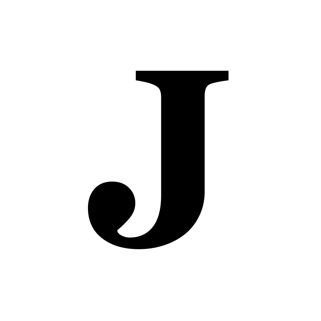 Journoo app icon, black J on white