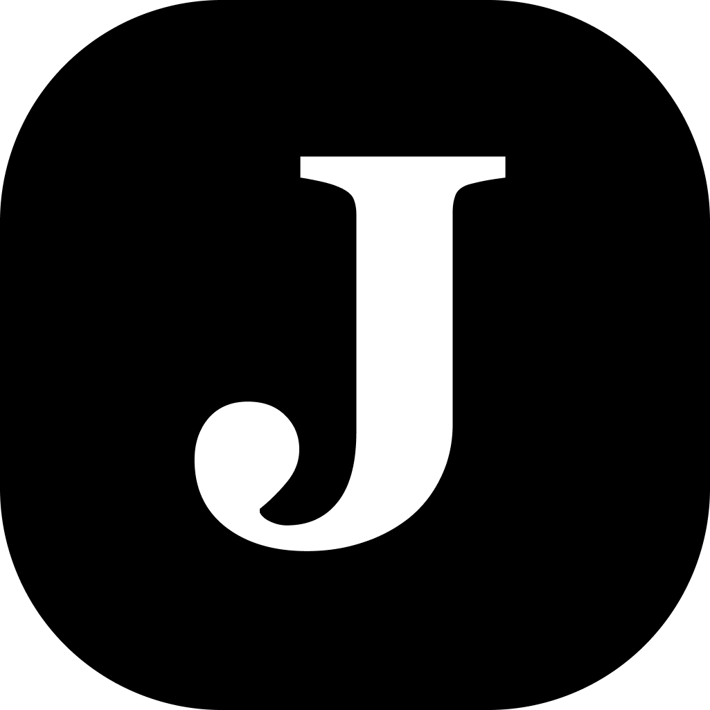 Journoo app icon, white J on black