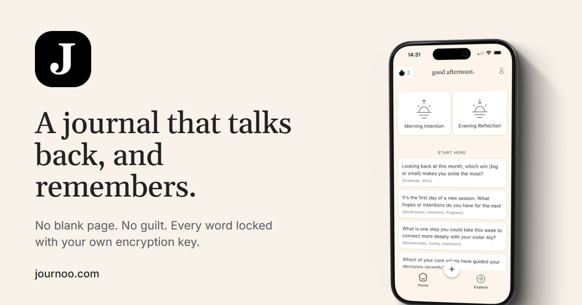 Journoo: a journal that talks back, and remembers. App icon and dashboard screenshot.