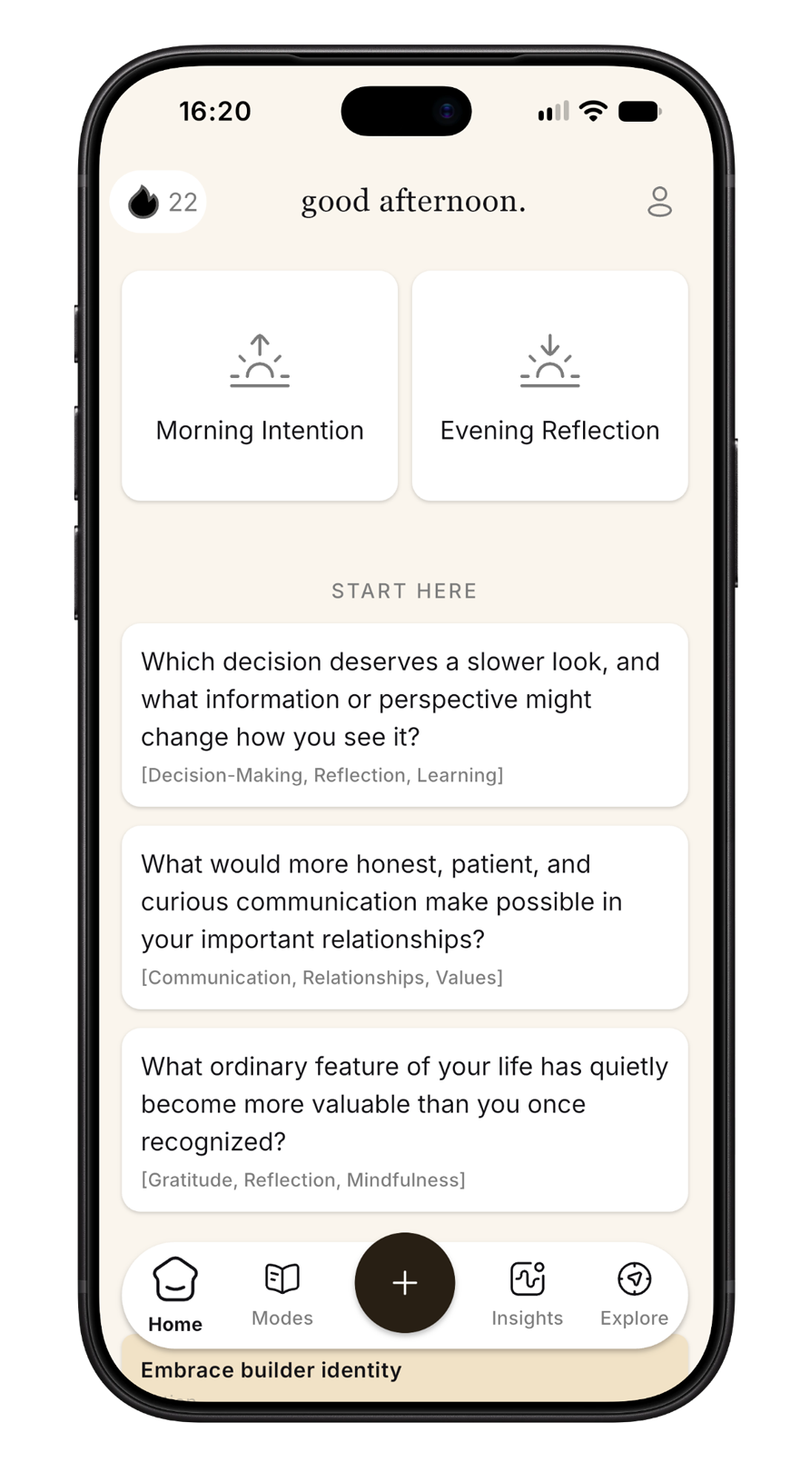Journoo dashboard with Morning Intention, Evening Reflection and suggested prompts